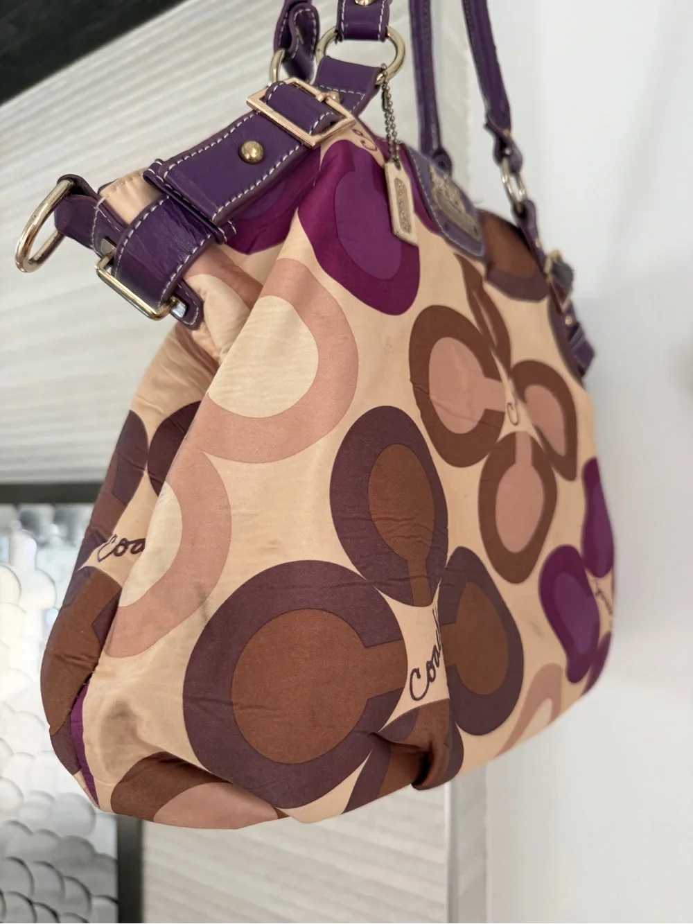 Coach Purple and Brown Signature Pattern Shoulder Bag